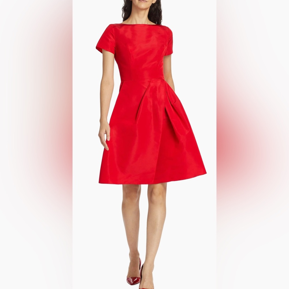 Carolina Herrera Red Short-Sleeve Fit-and-Flare Midi Dress